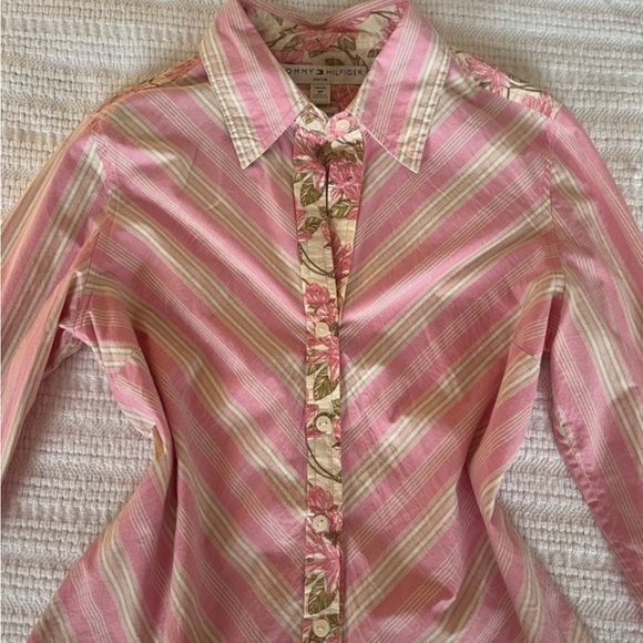 Pink Striped Button-Up Shirt with Floral Placket - Picture 2 of 4